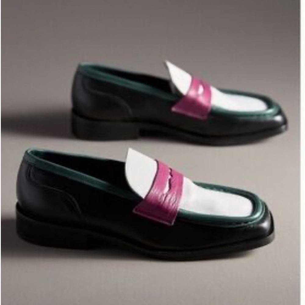 Anthropologie Maeve Colorblock Leather Penny Loafers Black White Magenta Green